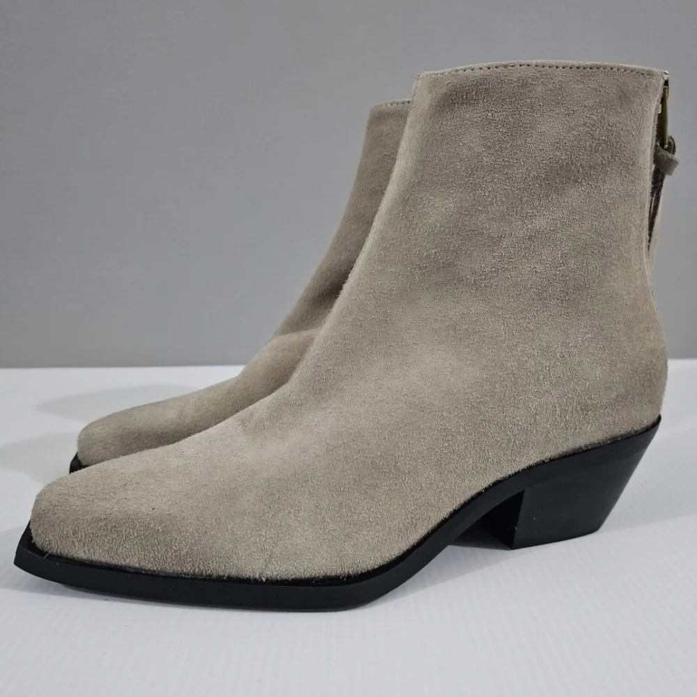 All Saints Lenora Goring Ankle Boot Women 7 Taupe Gray Suede Zip Up Low Heel NEW
